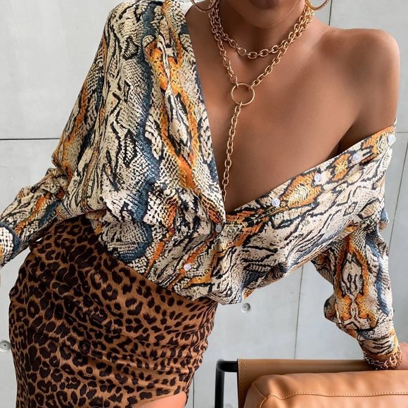 Multicolor Casual Womens Snakeskin Print Button Front Blouse - Picture 5 of 5